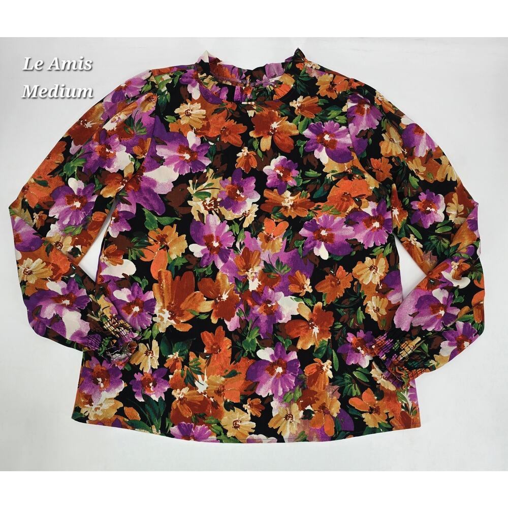 Les Amis Floral Blouse‎ Size Medium Autumn Watercolor Print Smocked Sleeve Top